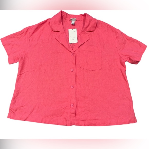 A New Day Womens M Medium Button-Down Pink Linen Short Sleeve Blouse NWT - Picture 2 of 9